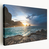 Large stretched canvas featuring a scenic view of Capri, Italy in vibrant blue and green hues, ideal for kitchen wall art.