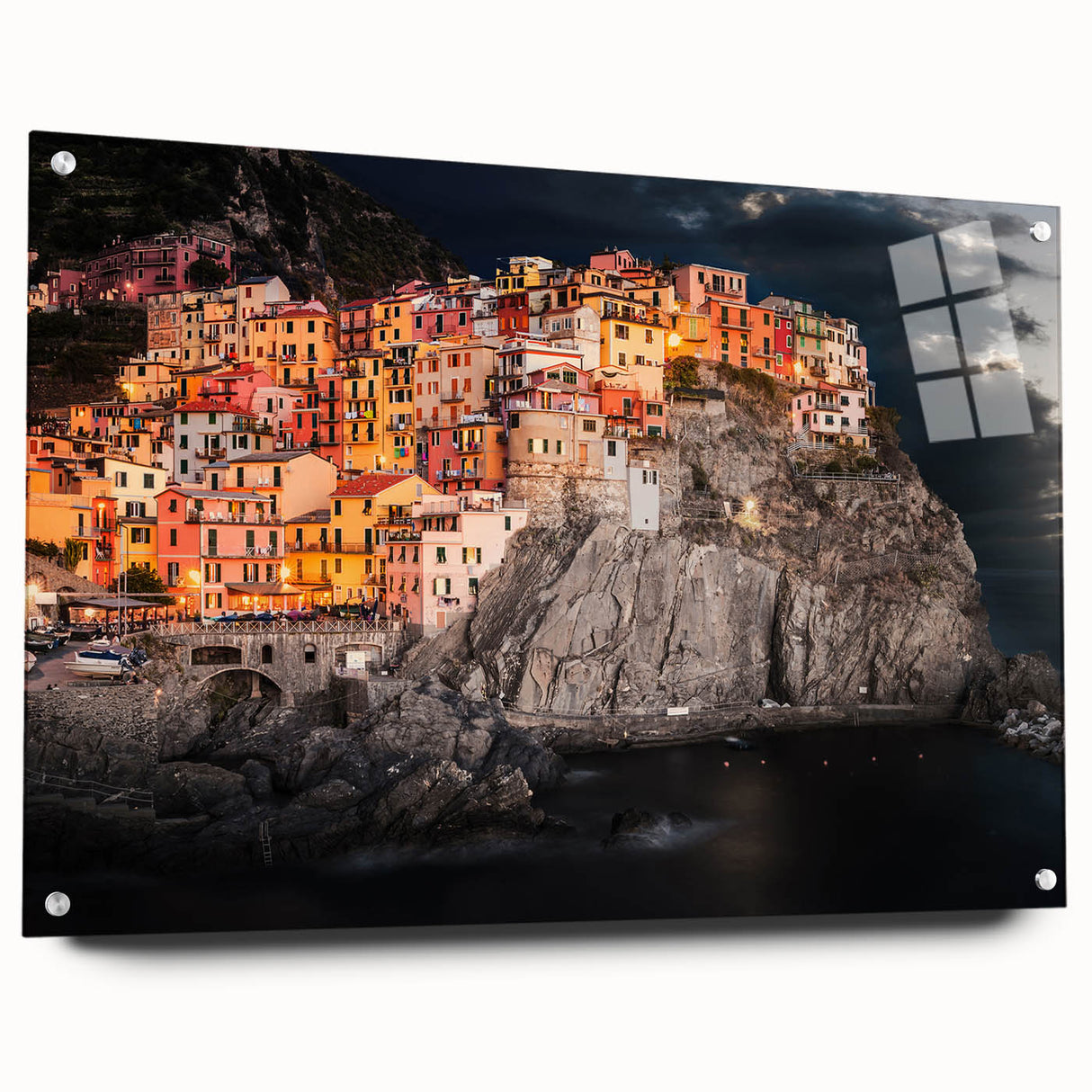 Acrylic print of Cinque Terre with vivid blue and pastel seaside tones, suitable for dining room decor.