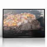 Framed acrylic print of Cinque Terre with vivid coastal colors, ideal for modern art wall decor.