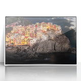 Mid-century modernist art of Cinque Terre with vibrant coastal hues, framed acrylic, ideal for modern art wall decor.