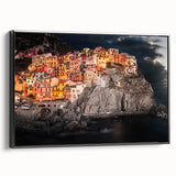 Black and white framed canvas of Cinque Terre landscape, ideal for bedroom wall decor.