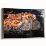 Framed canvas wall art featuring a vintage-style landscape of Cinque Terre, Italy, in muted earth tones.