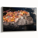 Framed canvas landscape art painting of Cinque Terre with vibrant coastal hues.