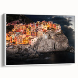 Vintage poster art of Cinque Terre with vibrant colors on a framed canvas, suitable for living room decor.