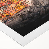 Art deco poster of Cinque Terre with vibrant coastal colors on rolled canvas, suitable for dining room decor.