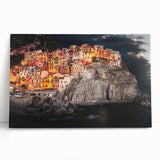 Black and white stretched canvas of Cinque Terre, Italy, suitable for kitchen art, featuring large, panoramic coastal view.