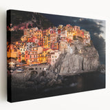 Stretched canvas print of Cinque Terre landscape in vibrant coastal colors, ideal for kitchen wall art.