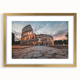 Abstract art print of the Colosseum in muted earth tones on a framed canvas, suitable for dining room decor.
