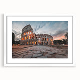 Textured art print of the Colosseum in muted earth tones on a framed white mat, suitable for bedroom art.