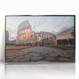 Mid-century modernist style large art print of the Colosseum in muted earth tones on a framed acrylic.