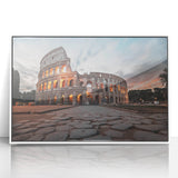 Mid-century modernist art of the Colosseum in muted earth tones on a framed acrylic, suitable for nursery wall art.