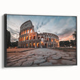 Framed canvas featuring a black and white vintage poster art of the Colosseum in Italy, ideal for bedroom wall decor.