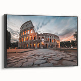 Framed canvas featuring a black and white vintage poster art of the Colosseum in Italy, ideal for bedroom wall decor.