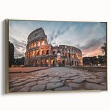 Framed canvas wall art of the Colosseum in Rome with a vintage poster style, predominantly black and gold.