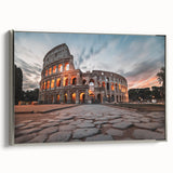 Framed canvas of the Colosseum in Rome with a vintage poster style, featuring a muted color palette.