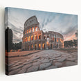 Side view of the Colosseum in Rome on a large stretched canvas, with warm earthy tones, suitable for kitchen wall art.