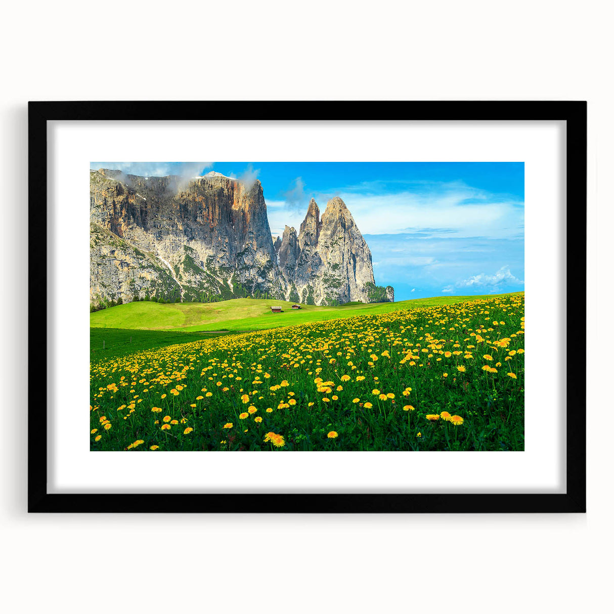 Extra large framed wall art depicting an abstract colorful art print of the Dolomites, in muted earth tones.