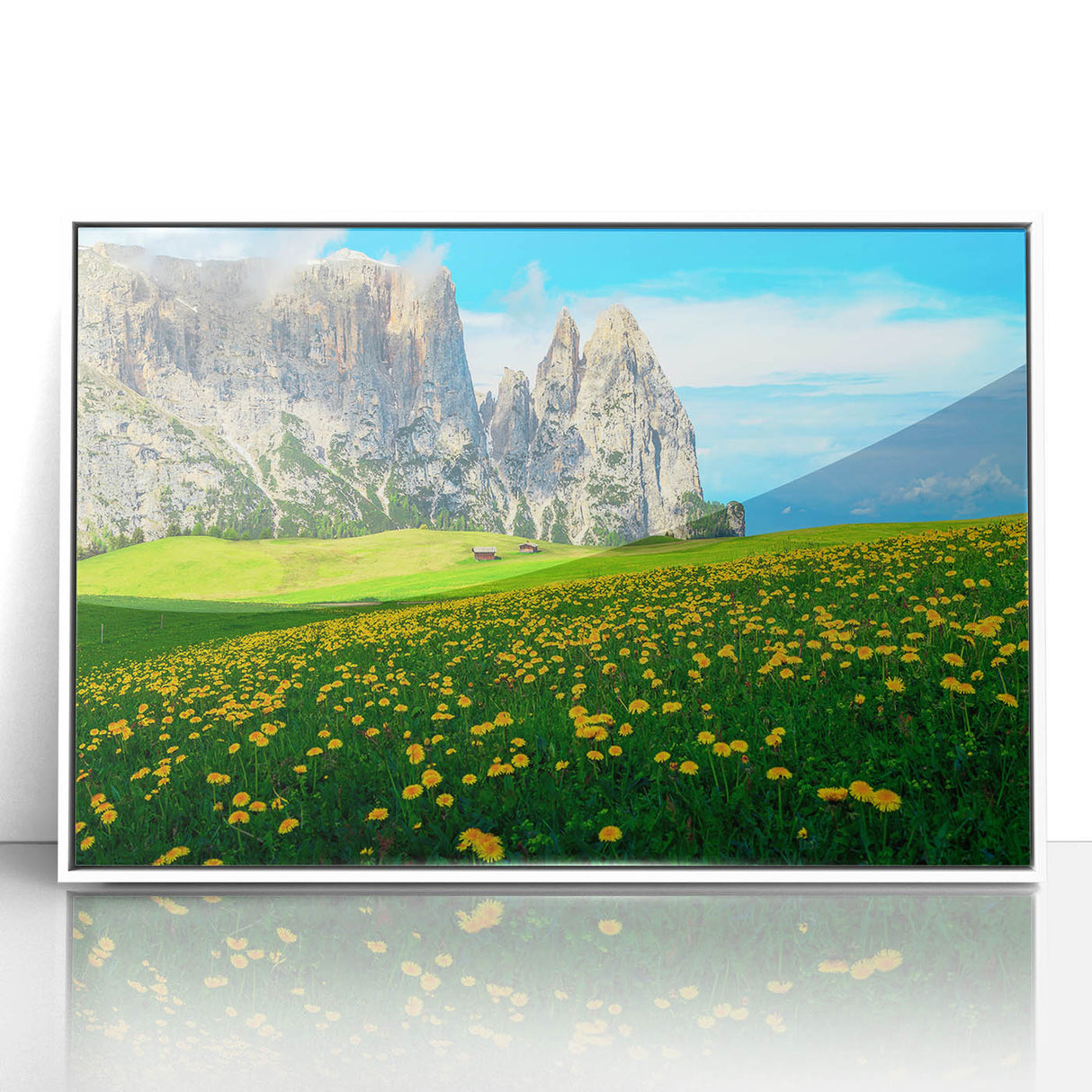 Mid-century modernist art depicting the Dolomites in Italy, framed acrylic with a white border.