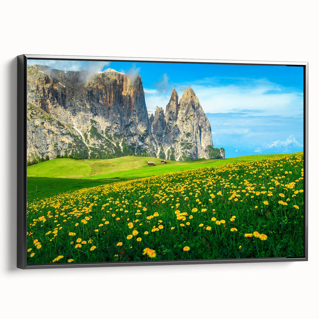 Black and white framed canvas of the Dolomites landscape, ideal for bedroom wall art.