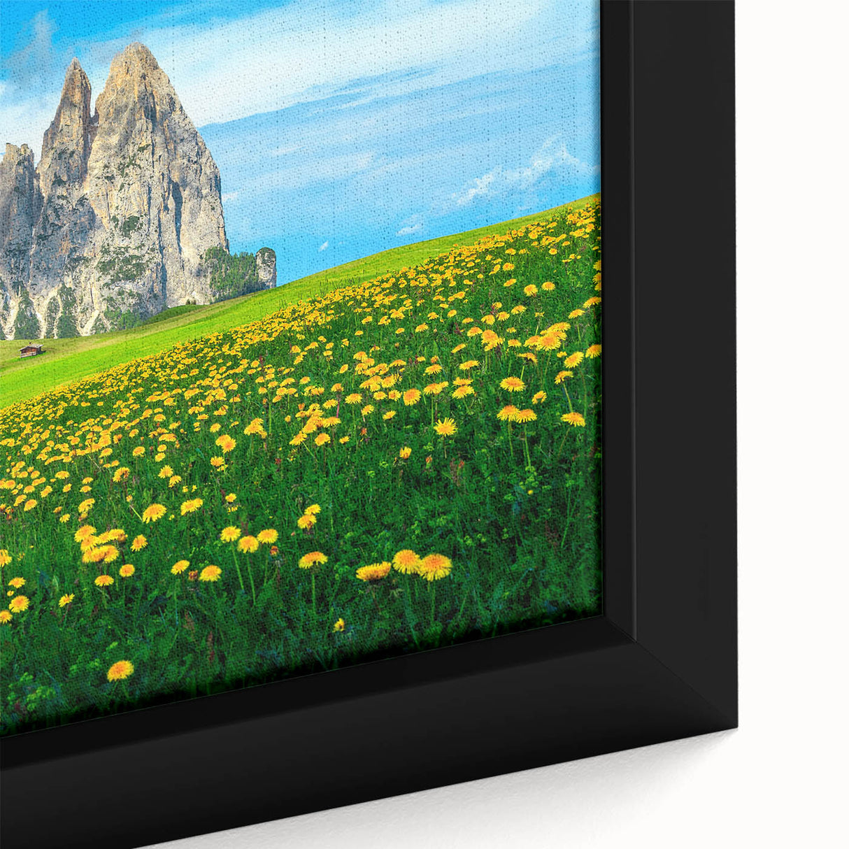 Extra large framed canvas featuring a textured depiction of the Dolomites in Italy, with vibrant green and black tones.