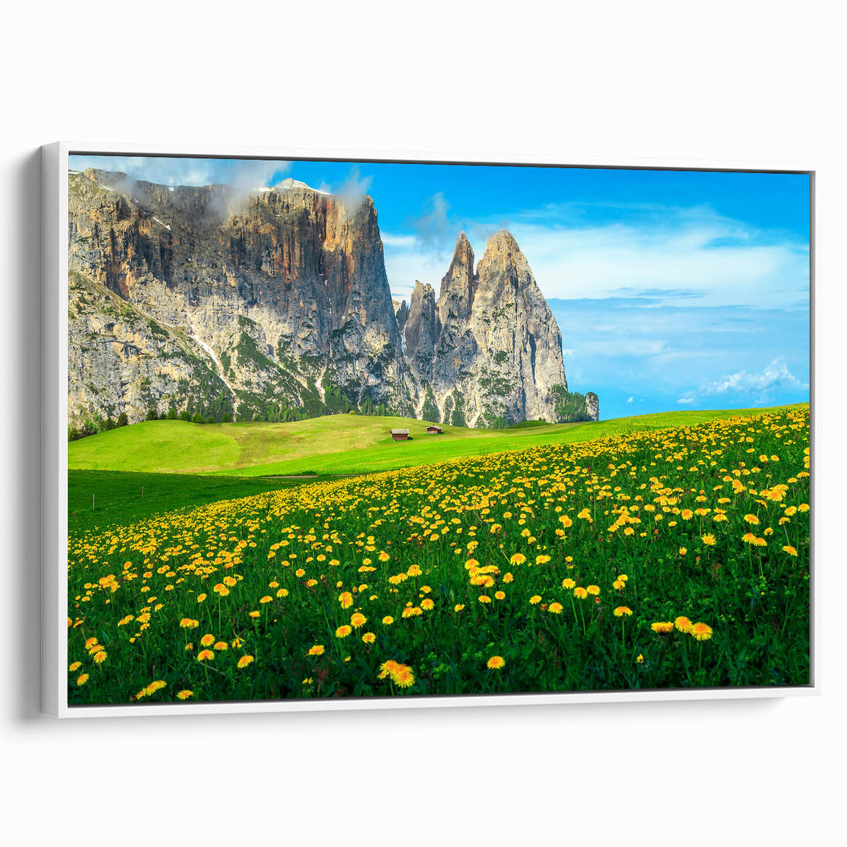 Vintage poster art of the Dolomites in Italy, featuring colorful landscape on extra large framed canvas.