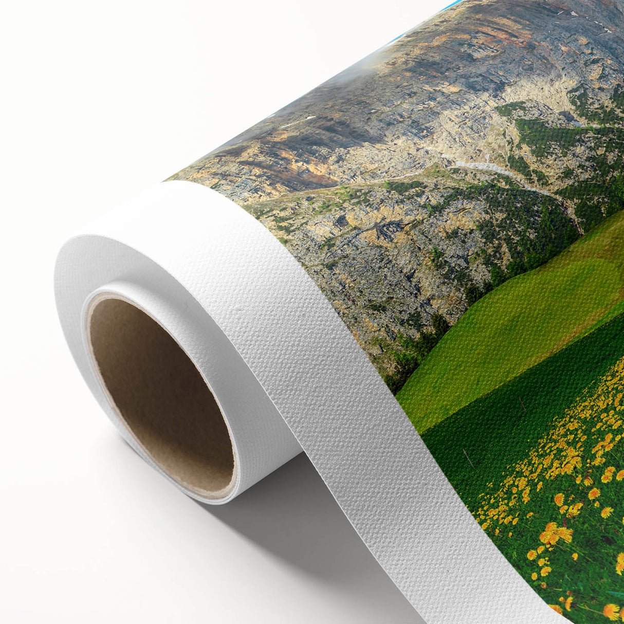 Art deco poster of the Dolomites in muted green and blue tones, rolled canvas, suitable for nursery wall art.