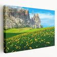 Stretched canvas depicting the Dolomites in Italy with vibrant green and mountain hues, ideal for kitchen wall art.