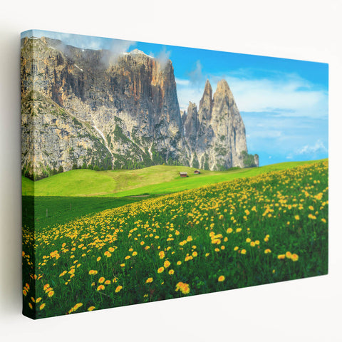 Stretched canvas depicting the Dolomites in Italy with vibrant green and mountain hues, ideal for kitchen wall art.