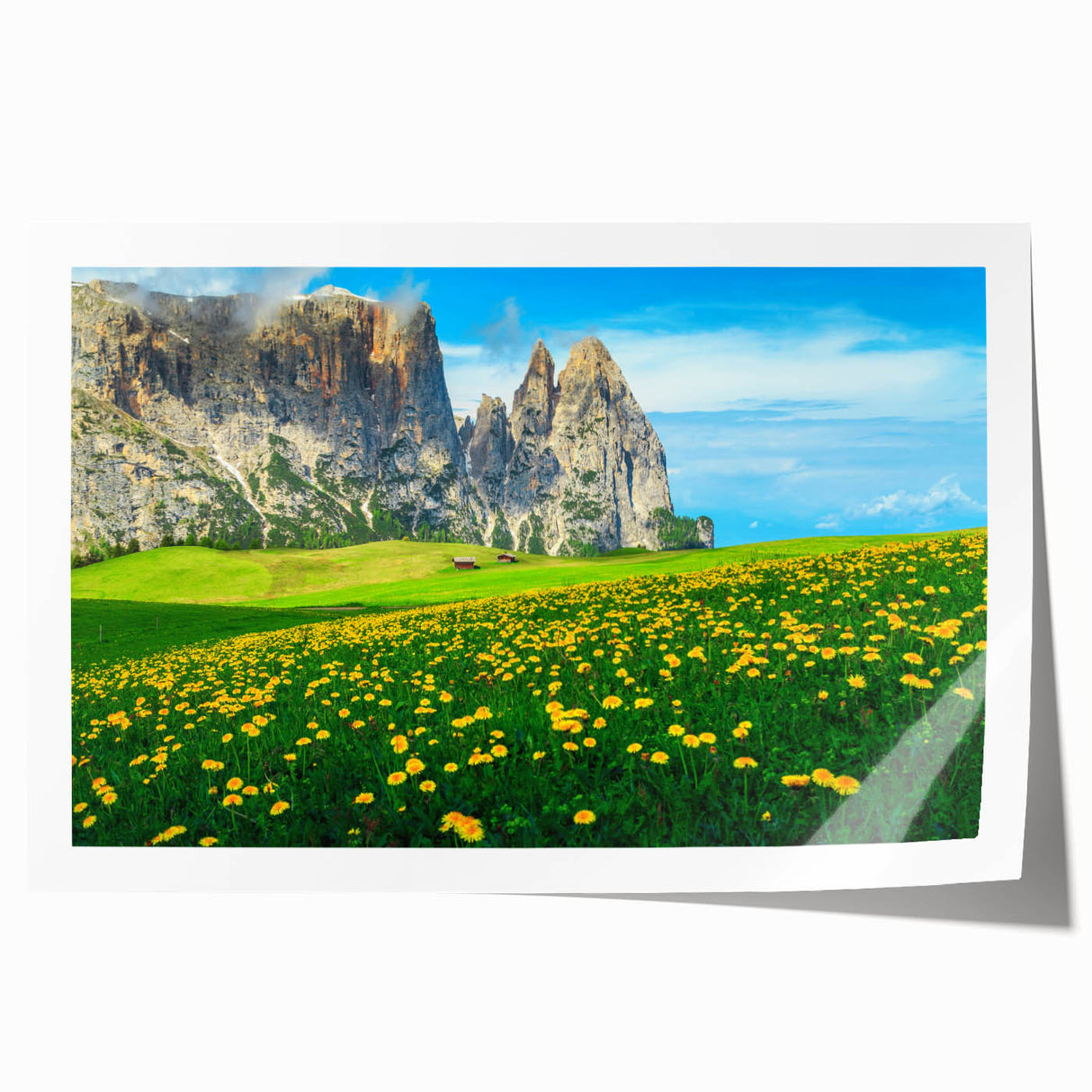 Scenic Dolomites landscape on a rolled print, featuring muted earth tones, ideal for art wall dining room.