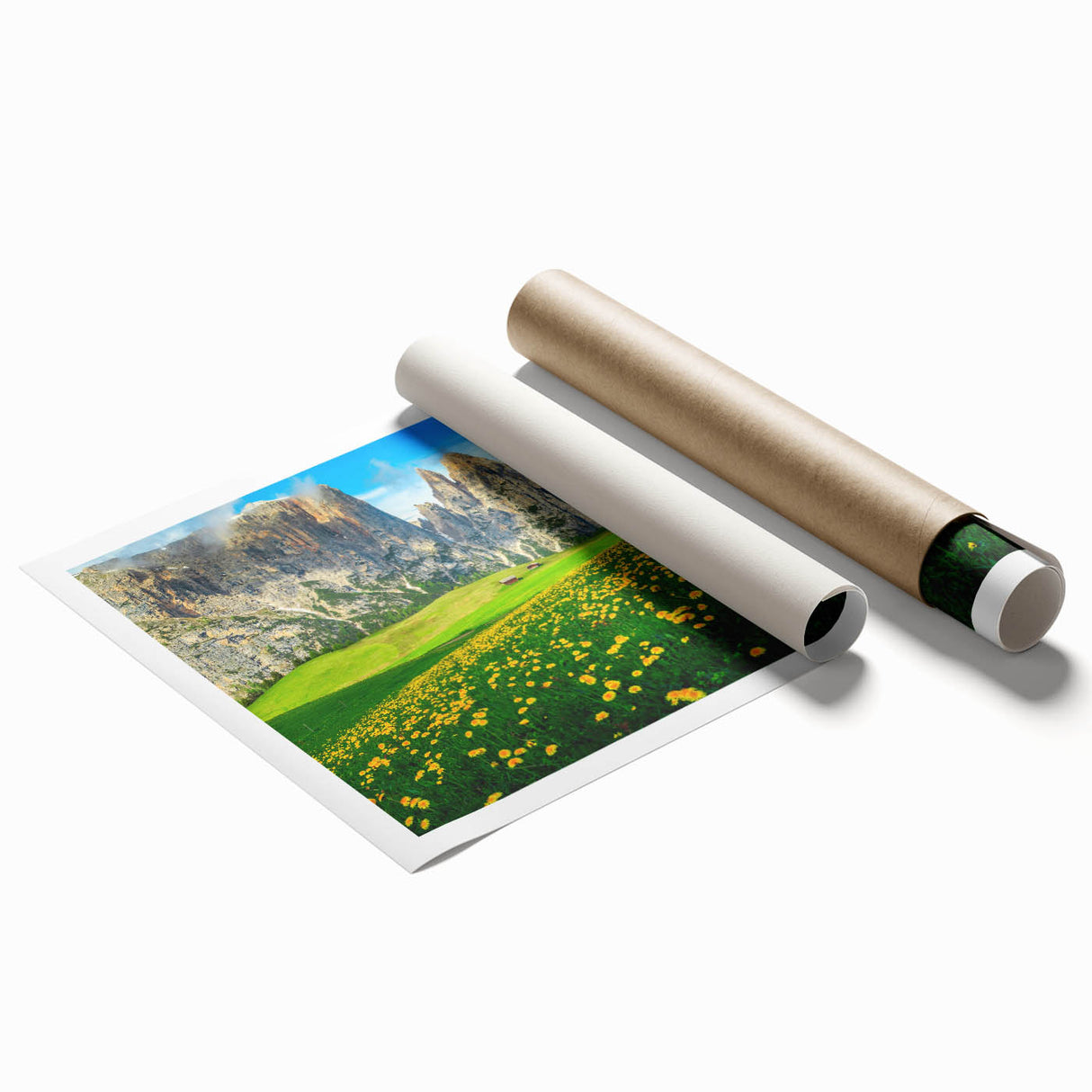 Extra large rolled print of the Dolomites in Italy, featuring vibrant green meadows and rocky peaks.