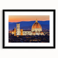 Extra large abstract art print of Florence scenery in vibrant colors on a black framed canvas, ideal for living room decor.