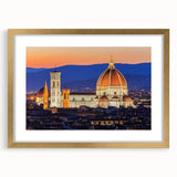 Abstract art print of Florence skyline in muted gold and beige tones on a framed canvas, suitable for dining room decor.