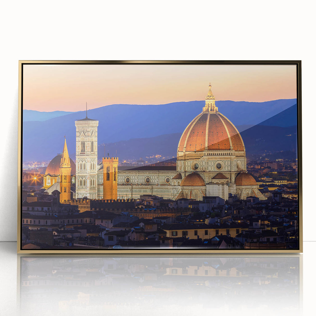 Framed acrylic print of Florence scenery in art deco style with gold accents, suitable for modern art wall decor.