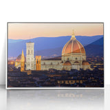 Framed acrylic print of Florence landscape in mid-century modernist style with muted earth tones, ideal for nursery wall art.