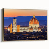Framed canvas of a vintage Florence landscape in muted black and gold, ideal for bedroom wall art.
