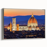 Framed canvas landscape art painting of Florence with colorful and vintage poster art elements, ideal for living room decor.