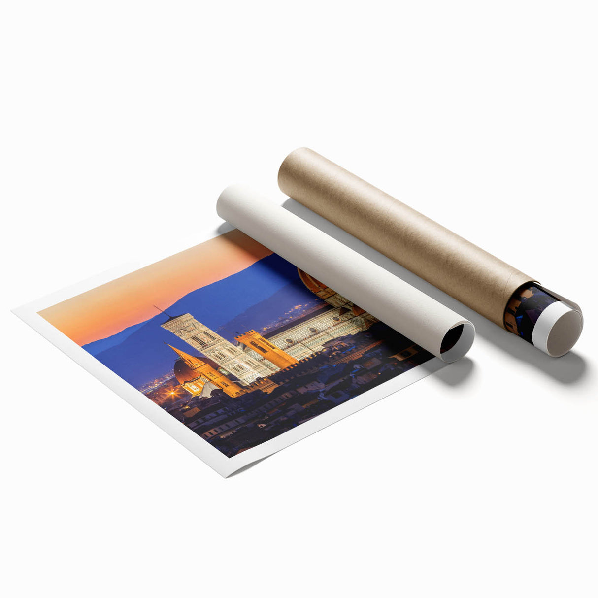 Rolled print of Florence scenery with floral accents in soft hues, suitable for large living room or bathroom.