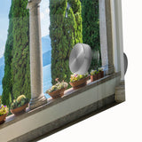 Mid-century modernist art of Lake Como with muted blue and green tones on acrylic glass, ideal for dining room art.