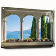 Acrylic glass print of Lake Como with vibrant blue and green hues, ideal for dining room art.