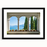 Extra large framed wall art of abstract Lake Como with vibrant, textured colors on canvas, ideal for living room decor.