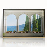Art deco poster of Lake Como with muted blue and gold tones on a framed acrylic, suitable for modern art wall decor.