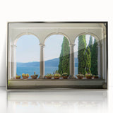 Large art print of Lake Como with serene blue and green hues on a silver-framed acrylic, ideal for modern art wall decor.