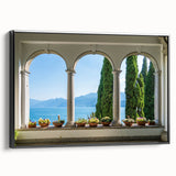 Black and white framed canvas depicting Lake Como with vintage poster art style, ideal for bedroom wall decor.
