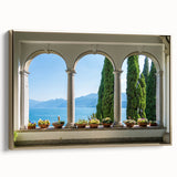 Landscape painting of Lake Como on framed canvas, featuring vintage-style imagery in muted earth tones.