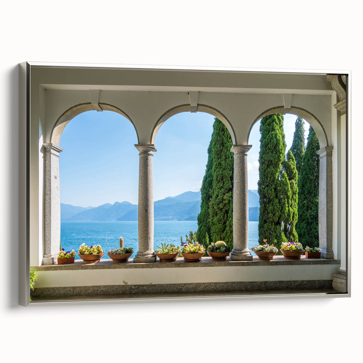 Landscape art painting of Lake Como with vibrant colors on a framed canvas, ideal for living room decor.