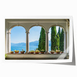 Extra large rolled print of Lake Como with vibrant floral accents, ideal for art wall dining room.