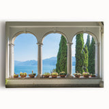 Black and white photograph of Lake Como on stretched canvas, ideal for kitchen wall art or bedroom ambiance.