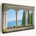 Lake Como landscape on stretched canvas in muted green and blue tones, ideal for kitchen wall art.