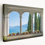 Lake Como landscape on stretched canvas in muted green and blue tones, ideal for kitchen wall art.