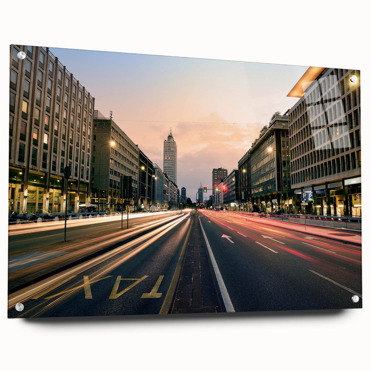 Acrylic glass print of a Milan cityscape in muted earth tones, suitable for bedroom or dining room decor.